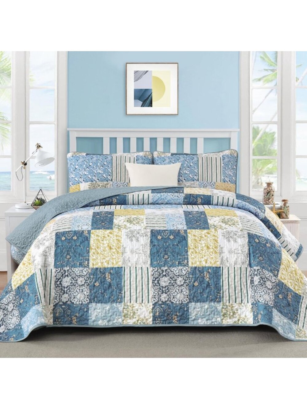 Chic Blue Yellow Patchwork Queen Quilt Set, 3-Piece Soft Bedding & Pillow Shams